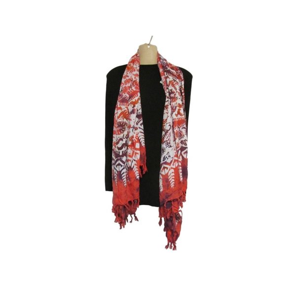 Bali Long Scarf with Autumn Colors and Leaf Designs - Picture 3 of 12